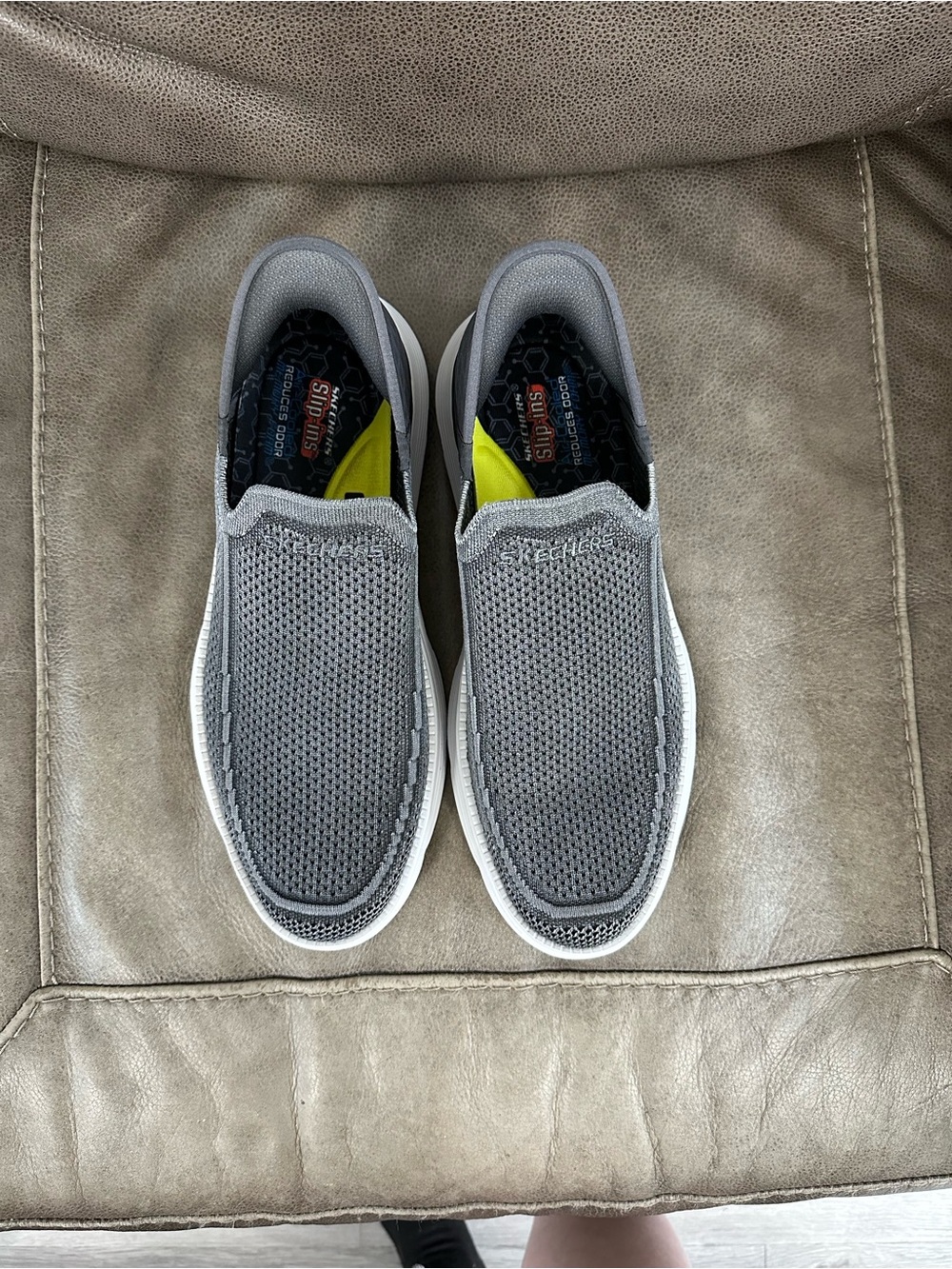 Skechers Men's Gray Slip-On Knit Loafers with Subtle Yellow Accents